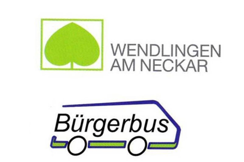 Das Logo des Bürgerbus Wendlingen zeigt einen Gezeichneten Bürgerbus, ein Lindenblatt und die Aufschrift Wendlingen am Neckar.