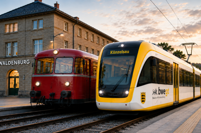 Alter roter Triebwagen und moderner gelb-weißer Zug der bwegt nebeneinander am Bahnhof Waldenburg bei Sonnenuntergang