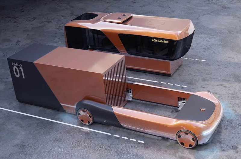 Visualisierung von zwei bronzefarbenen modularen Fahrzeugen