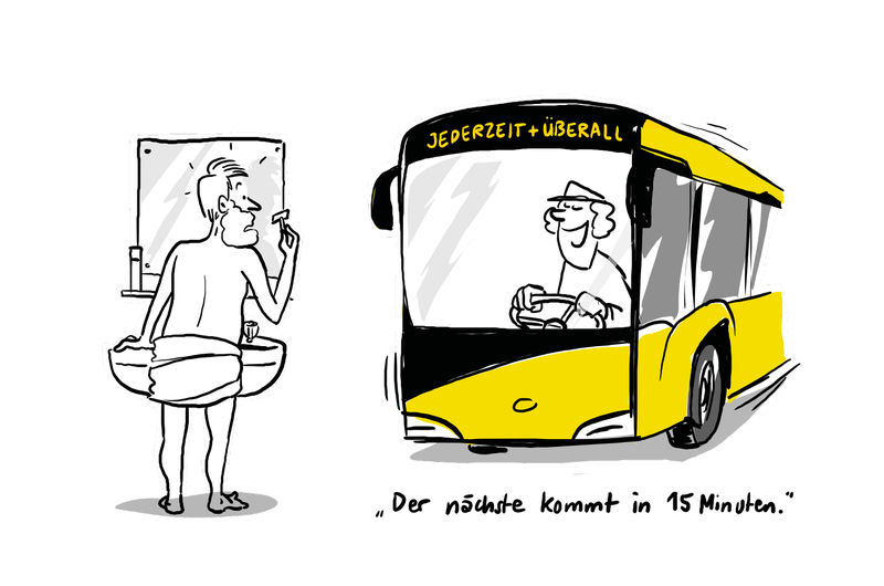 Karikatur "Der nächste Bus kommt in 15 Minuten".
