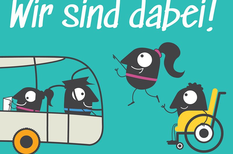 Illustration zur Europäischen Mobilitätswoche (16.–22. September): Cartoonfiguren nutzen verschiedene nachhaltige und inklusive Mobilitätsformen, darunter ein öffentliches Verkehrsmittel, Gehen und ein Rollstuhl. Darüber steht der Slogan „Wir sind dabei!“.