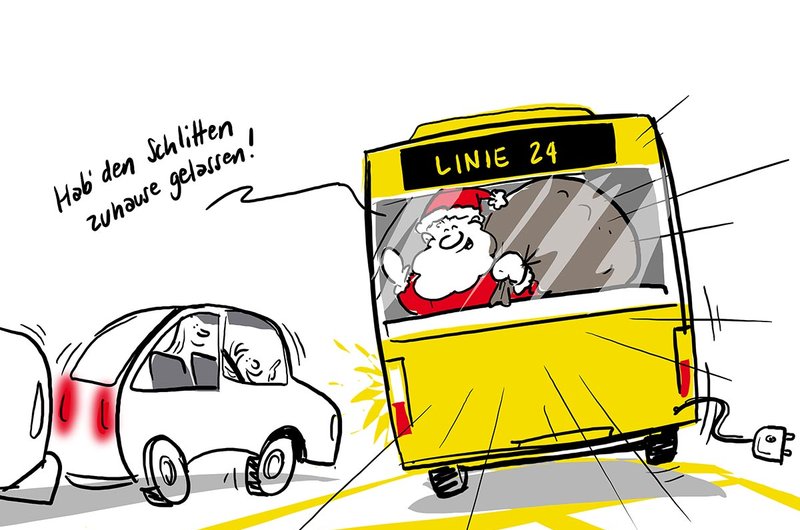 Diese Illustration zeigt, wie der Weihnachtsmann im Bus am Stau vorbeifährt. Er sagt: Hab' den Schlitten zu Hause gelassen.