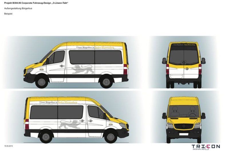 Illustration eines weiß-gelben Elektrobürgerbusses in vier verschiedenen Ansichten (von links, rechts, hinten und vorne).
