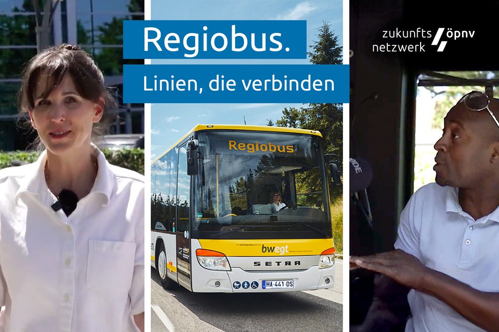 Dieses Bild zeigt drei Ausschnitte aus einem Video: Links die Reporterin Dorothée Frei-Stahl, in der Mitte einen weiß-gelb-schwarzen, fahrenden Regiobus und rechts einen Busfahrer im Fahrerstand. Außerdem ist folgender Text abgebildet: Regiobus. Linien, die verbinden. Oben rechts ist zudem das Logo des Zukunftsnetzwerk ÖPNV in weißer Farbe abgebildet.