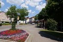 Straßenszene mit Blumeninsel, Bushaltestelle mit Solarpanel und Wohngebäuden im Hintergrund