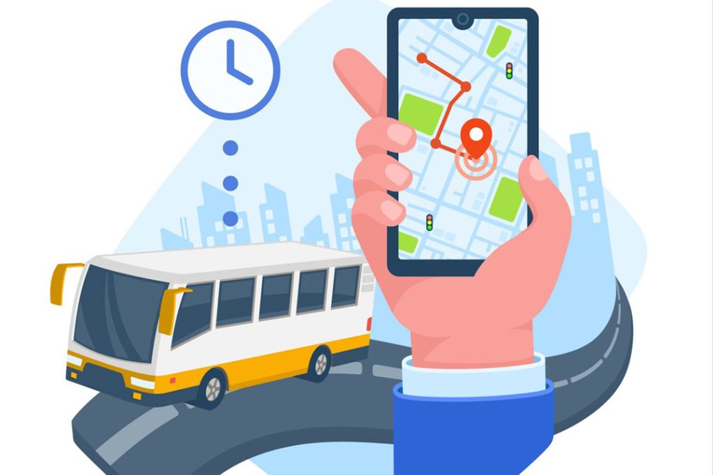 Illustration einer Hand, die ein Smartphone mit einer Karte auf dem Display hochhält. Im Hintergrund fährt ein Bus auf einer Straße.