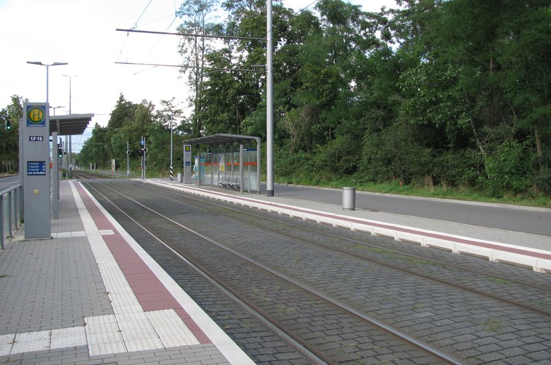 Blick entlang der Straßenbahngleise auf die Haltestelle Lincoln-Siedlung in Darmstadt. Zu sehen sind die Bahnsteige mit Wartehäuschen, Oberleitungen sowie ein bewaldeter Grünstreifen neben der Strecke.